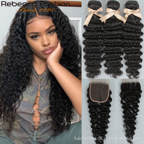 Rebecca Fashion cheap 10A grade Brazilian DEEP WAVE Hair Bundles With 4X4 Closure 100% virgin human hair human hair extension